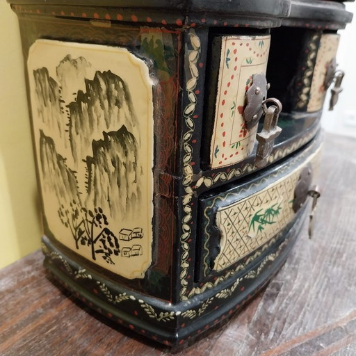 Oriental Jewelry Box of High Quality Wood - Unique Handcrafted Masterpiece, Hand Painted with Drawers, Built-in Mirror