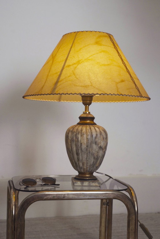 Image 1 of Vintage Italian Neoclassical Urn Table Lamp Faux Marble Stone Ceramic Lamp Parchment Shade Organic Modern Mediterranean Lighting