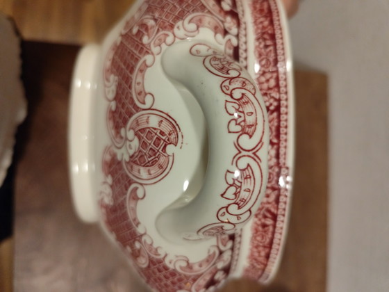 Image 1 of Antieke soepterrine, Old England, Cambridge Royal Swan / Engeland – Rood en wit – Vintage servies