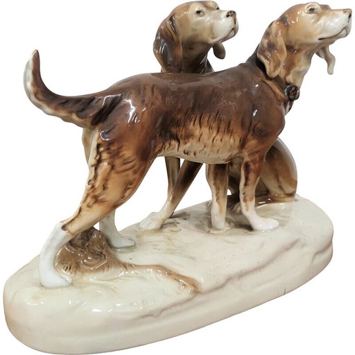 Vintage glazed ceramics statuette of hunting dogs, Czechoslovakia