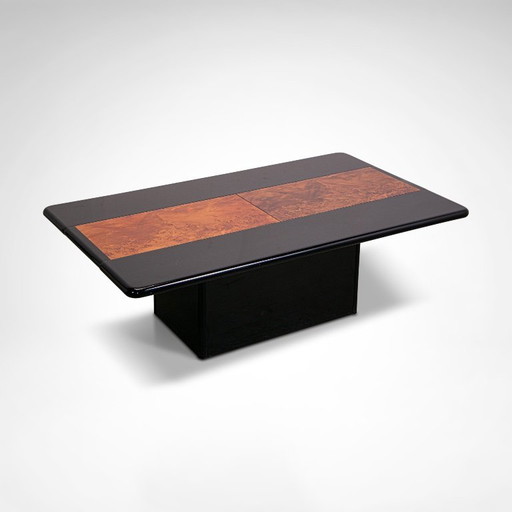 Black lacquered and burl wood coffee table with bar France 1980s