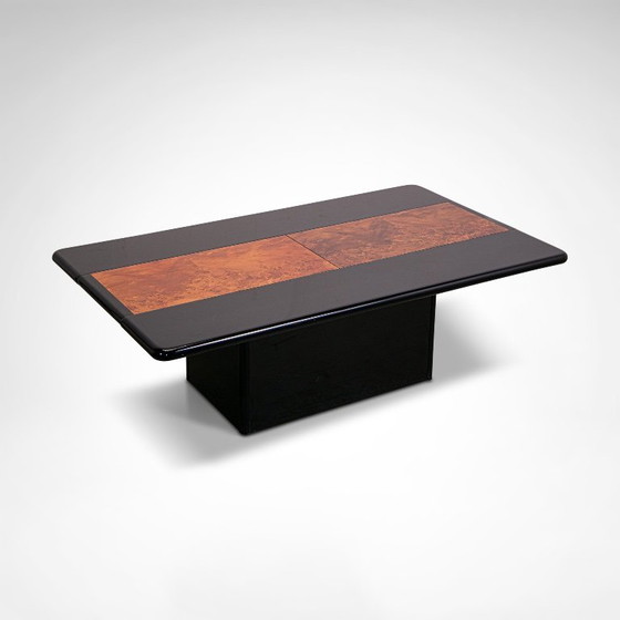Image 1 of Black lacquered and burl wood coffee table with bar France 1980s