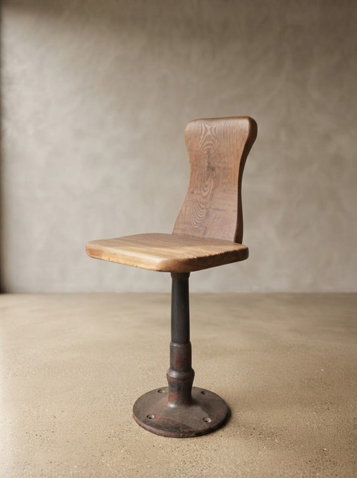 Pair of French Cast Iron and Wooden Work Chairs