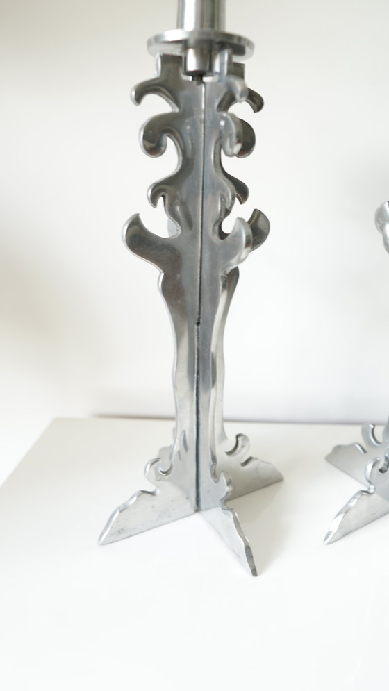 Image 1 of Pair of Brutalist candlesticks in vintage carved chromed metal - 1970s