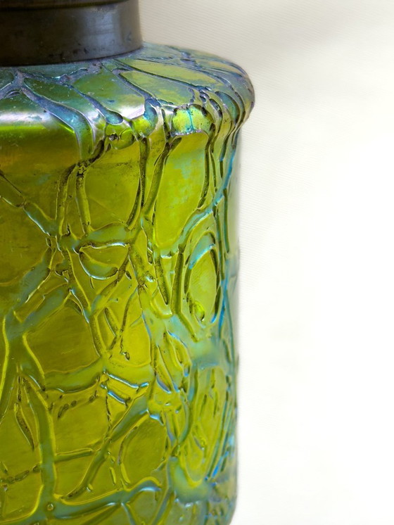 Image 1 of Art Nouveau Oil Lamp Iridescent Green and Opaline Shade
