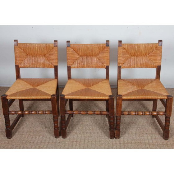 Image 1 of Set of 6 straw-seated wooden chairs, French work, 1950