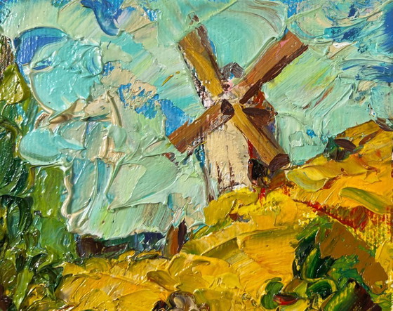 Image 1 of Origineel olieverfschilderij: Landschap met een zomerhuisje en de middag in het dorp