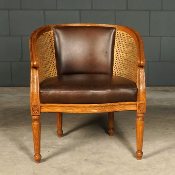 Image 1 of Vintage fauteuil – rotan – bruin leder – jaren 80
