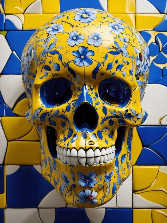Image 1 of DEAD HEAD – Delfter Badezimmerschädel – Druck auf Aluminiumplatte