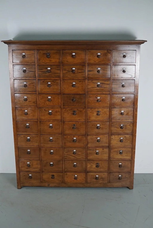 Large Dutch oak apothecary cabinet / barber's cabinet with enamel plaques, 1900s