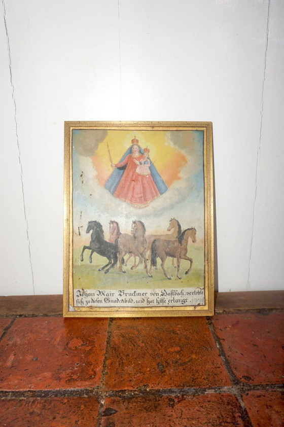 Image 1 of antique votive plaque 1842 * mary and child with horses * hand painted ex voto * horse folk art
