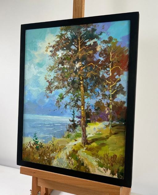 Pintura al óleo original: Paisaje costero de verano donde vive el cuento de hadas.