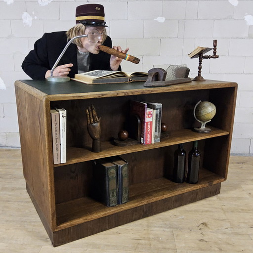 Bureau Art Déco ancien en bois avec bibliothèque et tiroirs d'archivage / bureau double face
