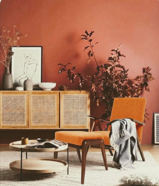 Vintage armchair and footrest set terracotta orange bouclé  