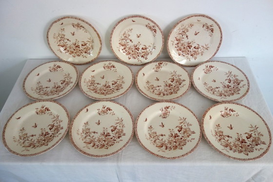 Image 1 of 11 assiettes plates Terre De Fer Gien modèle Mai vers 1900