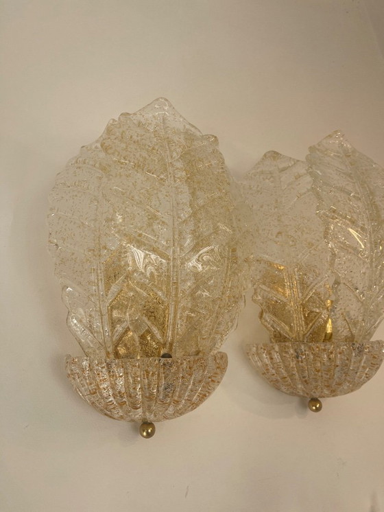 Image 1 of Par de apliques de pared Barovier & Toso de cristal de Murano dorado, Italia, 1980