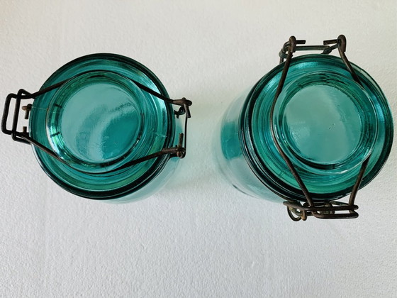 Image 1 of Pots en verre turquoise de Solidex, 1940s, ensemble de deux.