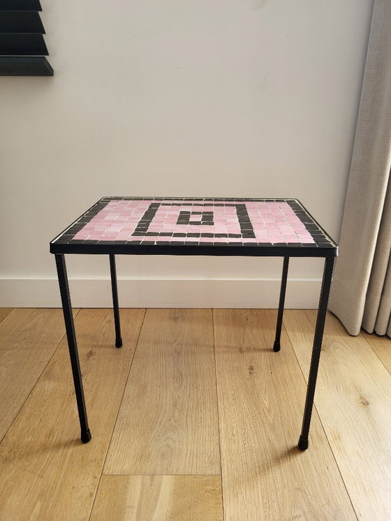 Image 1 of Tavolo vintage per piante con piano in mosaico di piastrelle rosa e nere, anni '60