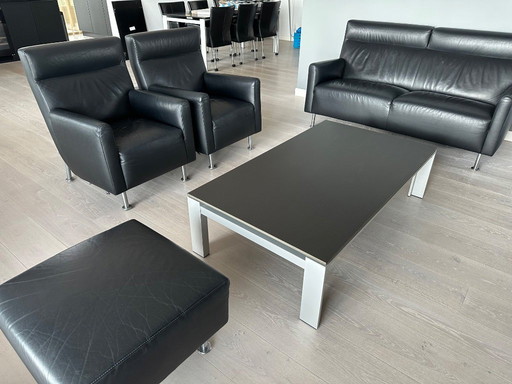 Leolux (set) 2 seater sofa, 2x armchair and hocker black leather