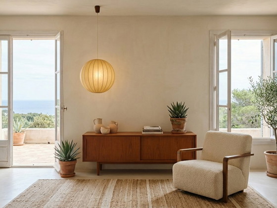 Image 1 of 1970s Italian Cocoon Globe Pendant Lamp with teak details