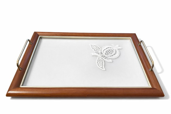 Image 1 of Tablett aus Holz und Glas mit Messinggriffen