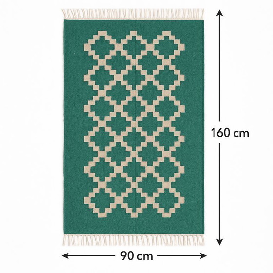 Image 1 of Senon Kilim Läufer 90 × 160 cm - Handgefertigt in Ägypten - Grüner Diamant, Flachgewebe