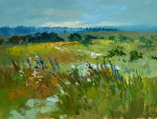 Peinture à l'huile originale représentant un paysage de champ d'été dans une prairie fleurie.