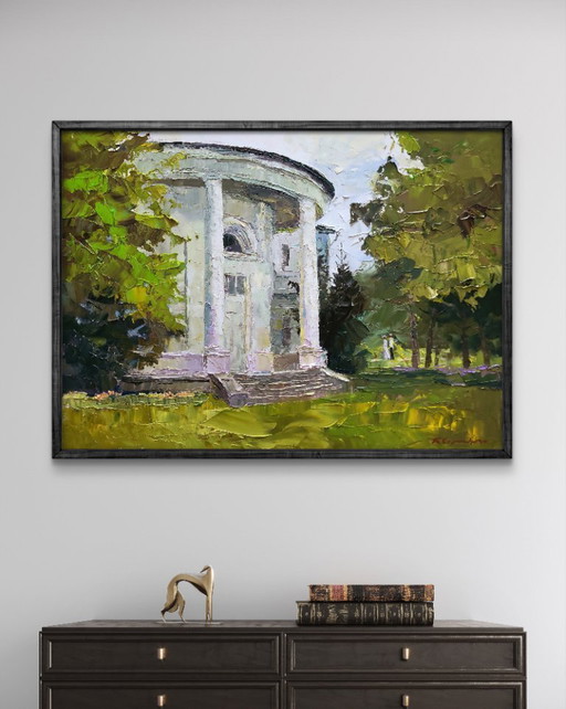 Original Oil Painting Cityscape Architecture Park White Administration Building