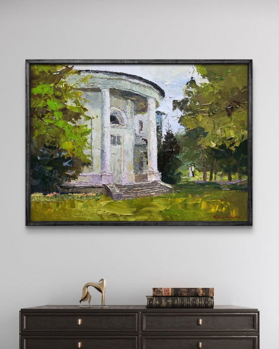 Image 1 of Original Oil Painting Cityscape Architecture Park White Administration Building