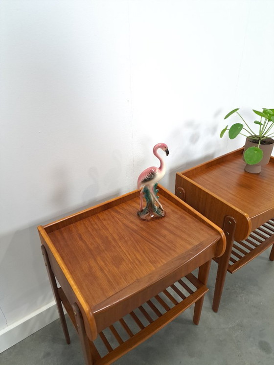 Image 1 of Teak veneer bedside table set with drawer from Sweden