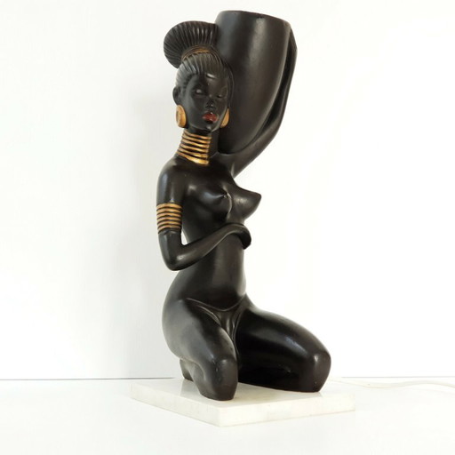 1950s Vintage African Rockabilly Table Lamp, Ceramic & Marble