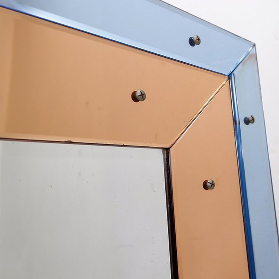 Image 1 of Facettierter Wandspiegel mit blauen und kupferfarbenen Spiegelpaneelen – Italien, 1930er Jahre