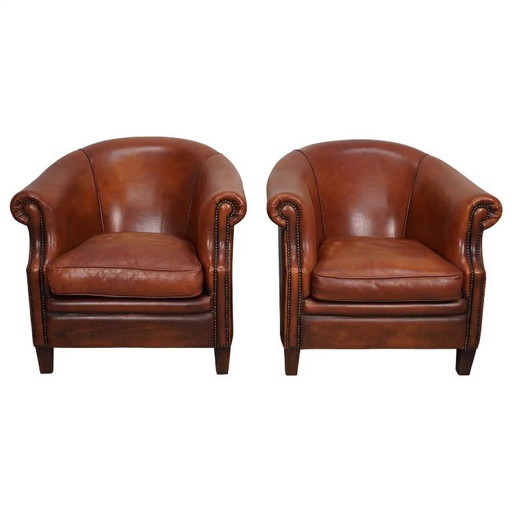 Vintage Nederlandse clubfauteuils in cognackleurig leer, set van 2