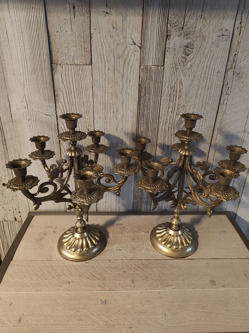 Chandelier italien vintage à 6 bras en laiton massif, lourd