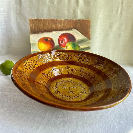 Image 1 of Large 30cm Claire Landolt Signed Swiss Studio Pottery Bowl - Sun Face