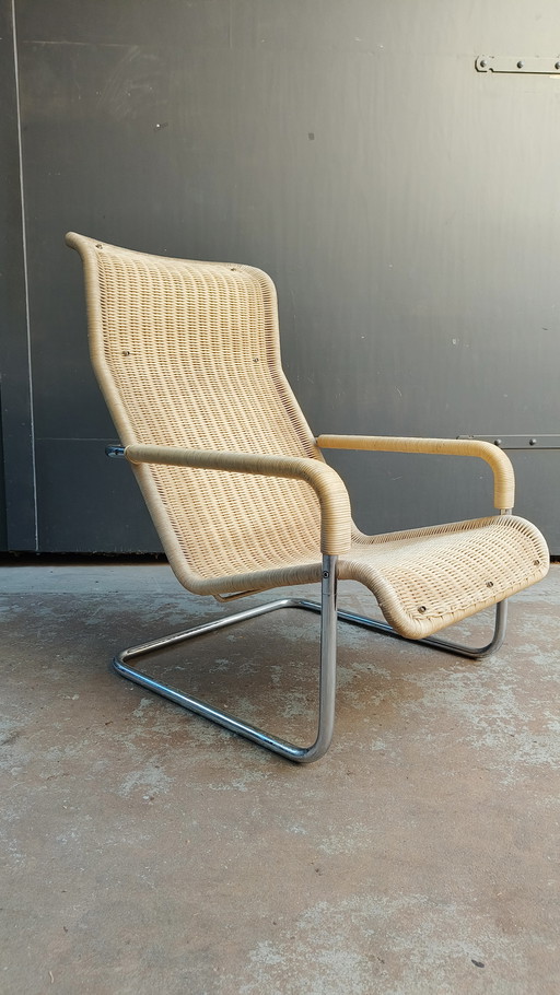 Vintage Rattan Chrome Tubular Frame Armchair 1980s In Style Of Bauhaus Tecta Thonet