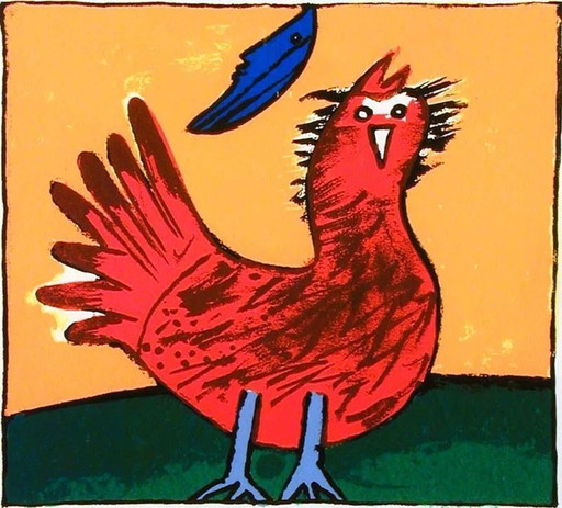 Sérigraphie Corneille L'Oiseau Hollandais (oiseau rouge, lune bleue).