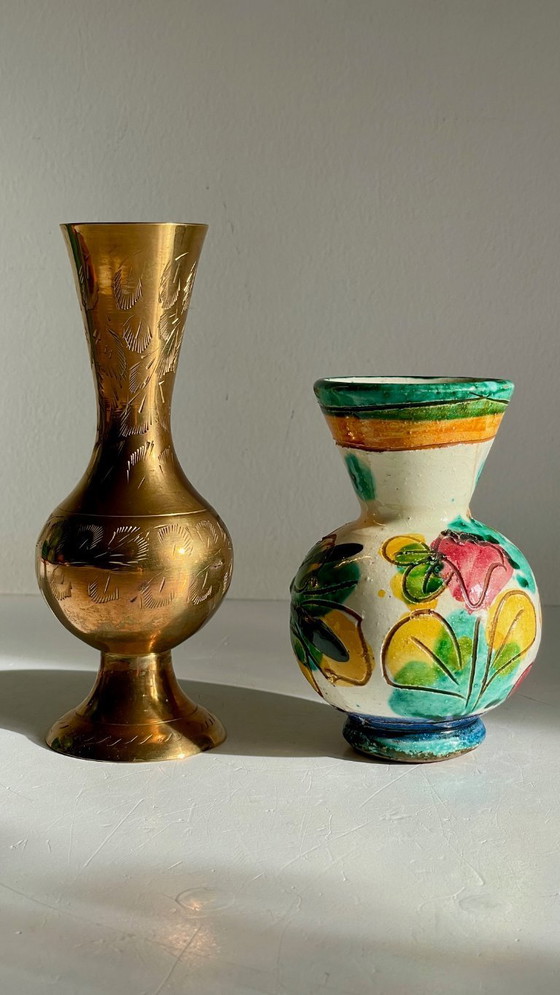 Image 1 of Vintage Handcrafted Ceramic and Brass Vases