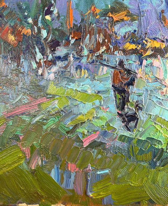 Image 1 of Peinture à l'huile originale, paysage d'été, rosée du matin argentée