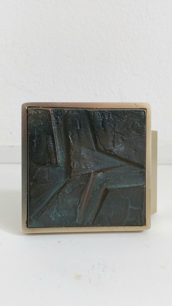 Image 1 of Brutalist bronze plaque on brass-plated aluminum door handle