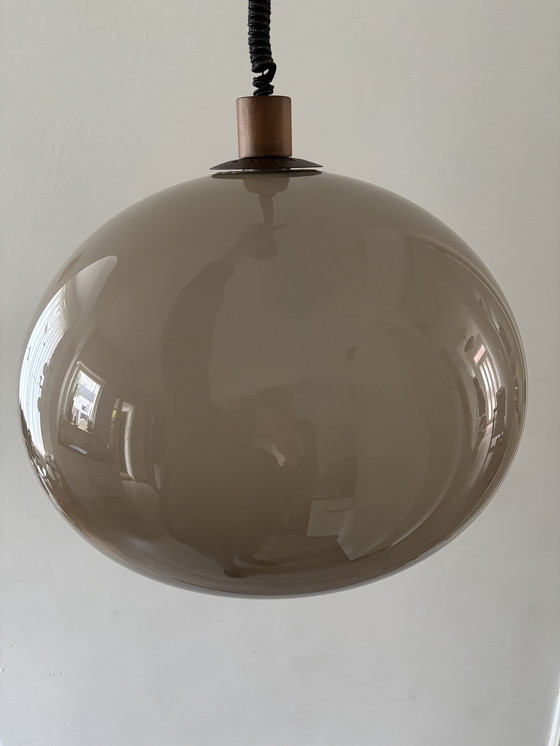 Image 1 of Vintage Brown/Beige Plexiglass 70's Pendant Lamp with Pull Pendant and Wooden Handle