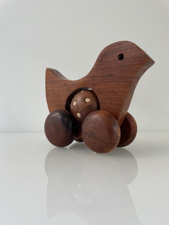 Image 1 of Vintage Scandinavian wooden duck on wheels