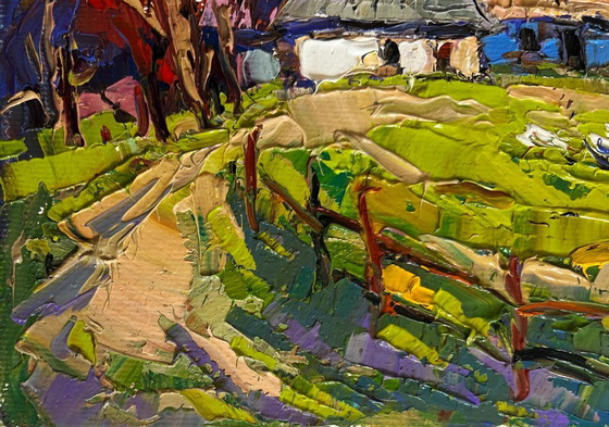 Image 1 of Original Oil Painting Summer Village Landscape Warm rural street