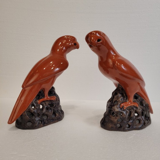 Image 1 of Pareja de loros naranjas, porcelana, 90’s - China
