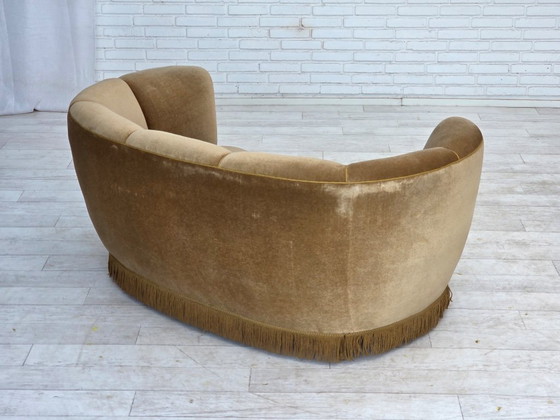 Image 1 of 1960s, Danish "Banana" 2-seater sofa, green furniture velour, oak wood.