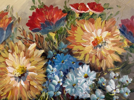 Image 1 of Vibrant Floral Composition with Layered Blossoms and Expressive Brushwork, Oil on Canvas by Unknown Artist, 1960s.