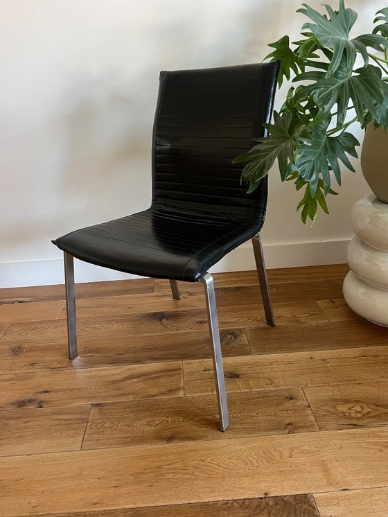 Image 1 of Vintage zwartleren eetkamerstoelen | prachtige staat  