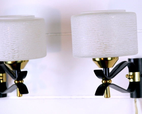 Image 1 of Pair of double wall sconces, Maison Arlus, Mid-Century, black brass opaline glass, France, 1950s