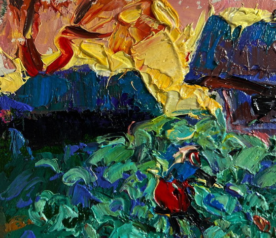 Image 1 of Original Oil Painting Sunset Village Landscape In the evening in the garden