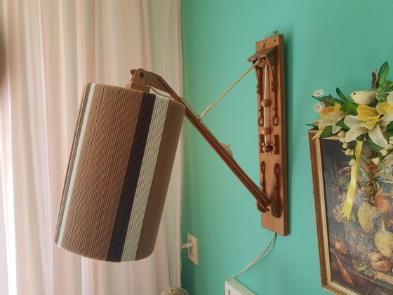 Image 1 of Unique original 70s 3-position fold-out wooden wall lamp with original lampshade